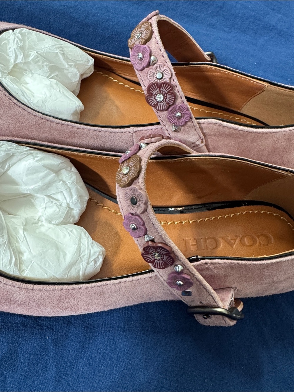 Coach Pink Suede Mary Jane Flats with Floral Strap - Picture 4 of 5